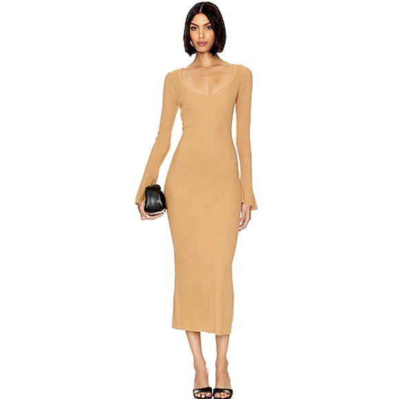 CAROLINE CONSTAS Collections Cassandra Ribbed Knit Dress in Camel Bell sleeves - Picture 1 of 13